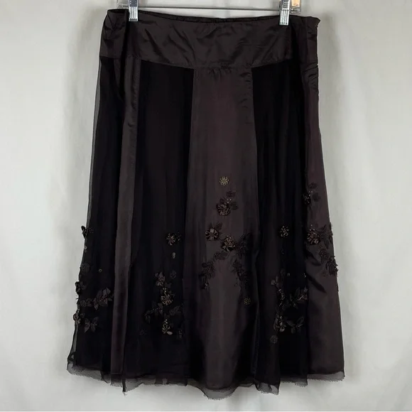 Coldwater Creek Brown Silk Beaded Skirt Size L - Picture 4 of 11
